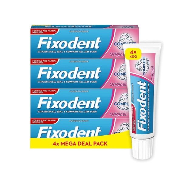 Fixodent Complete Denture Adhesives Cream, 4x40g, Saving Pack, 10X Stronger Hold, Original, Mint