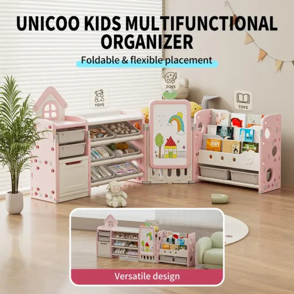 Kids Multifunctional Toy Storage Organizer with 3-Tier Bookshelf, Storage Rack & Drawing Board - Image 2