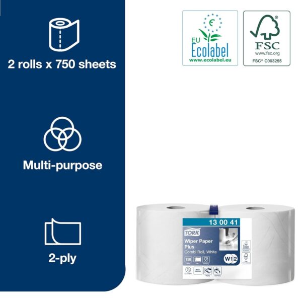 Tork 130062 Heavy-Duty Wiping Paper / 2 Ply, White / 2 x 170m / Ø 26.2cm - Image 4