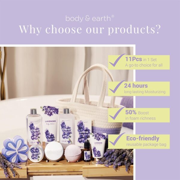 BODY & EARTH Spa Gift Set for Women - Gift Basket 11 Pcs Lavender Bath Set for Women - Image 3