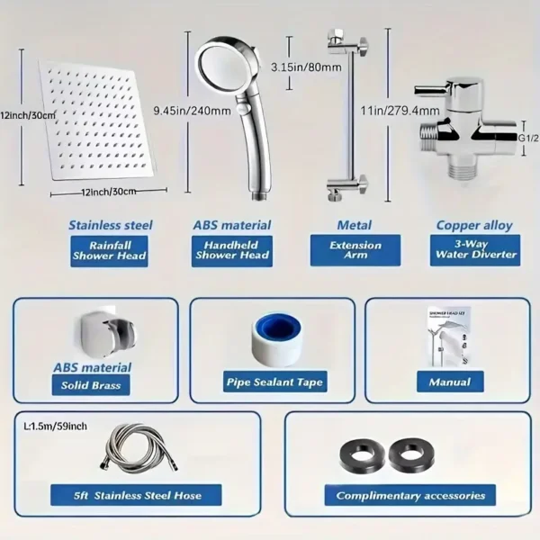 Shower Head, 12 Inch High Pressure Rainfall Shower Head/Handheld Shower Combo with 11 Inch Extension Arm, 9 Settings Adjustable Anti-leak Shower Head with Holder/Hose, Height/Angle Adjustable - Image 4