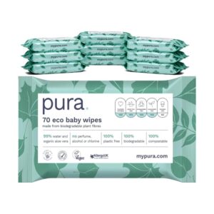 Pura Eco Friendly Baby Wipes 10 x 70 per pack (700 Wet Wipes) 100% Plastic Free, 99% Water, Biodegradable, Compostable