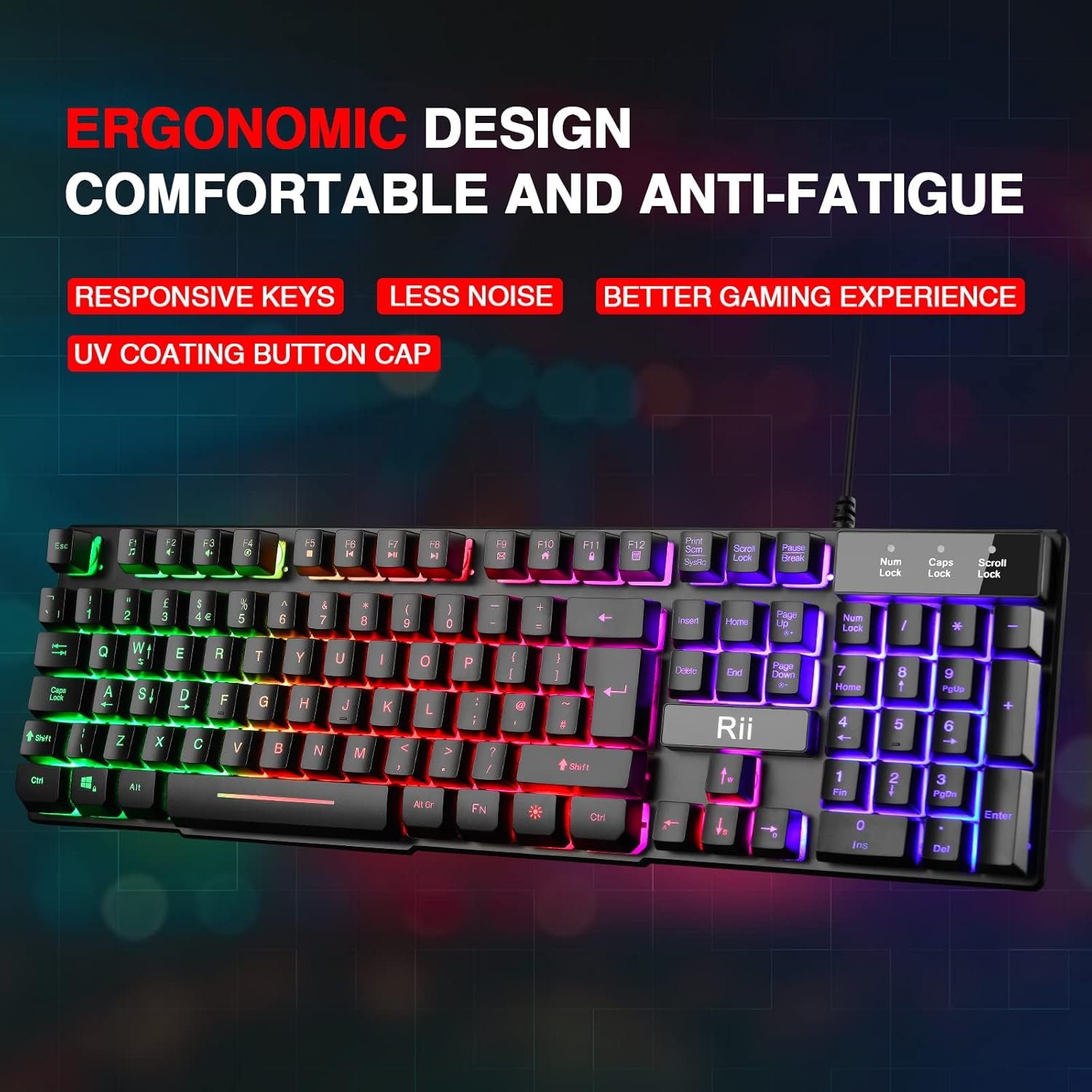 Rii Gaming Keyboard, RK100 Plus Rainbow LED Backlit Keyboard Mechanical Feeling,USB Wired Keyboard for Working Gaming (UK Layout) - Image 3